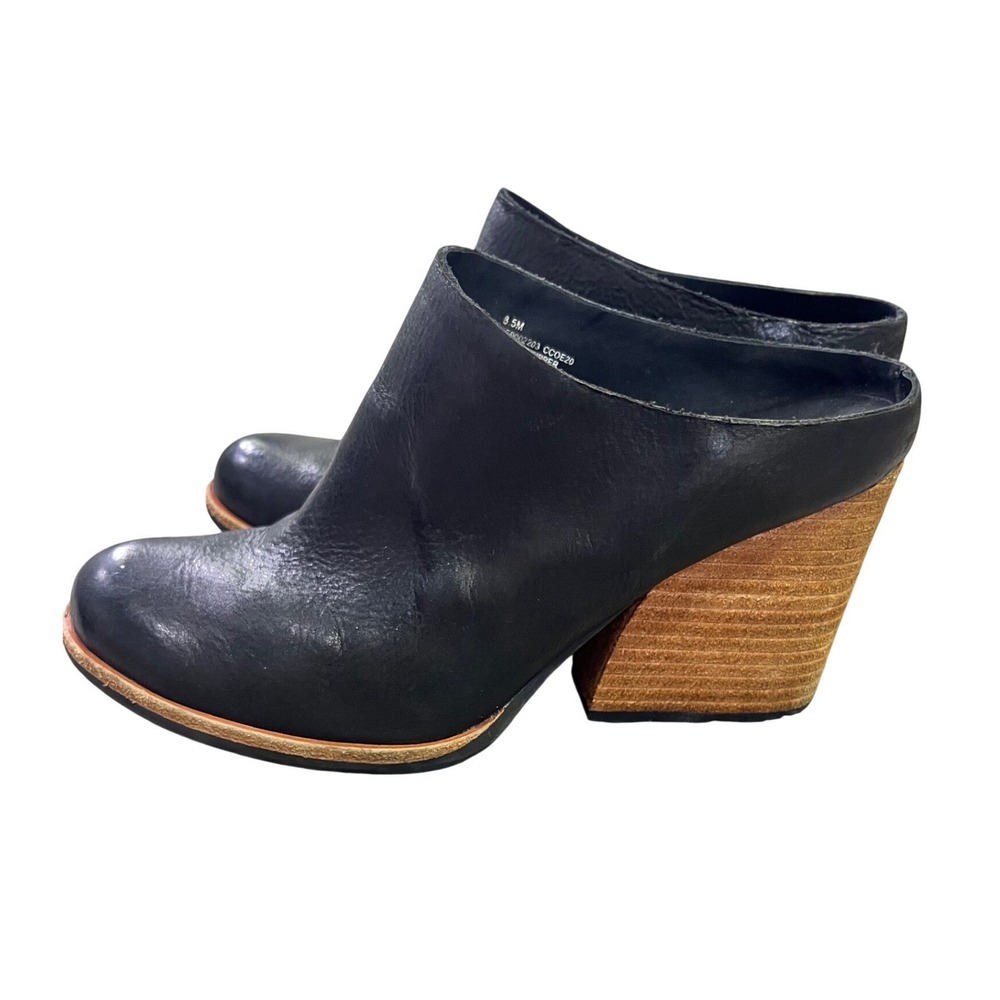 Kork Ease Challis Black Clogs Leather Stacked Wedge Mules Size 8.5